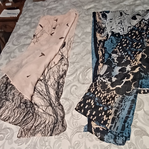 Set of 2 Sheer Large Scarves/Wraps - 1 Bird & Tree and 1 Train & Floral - Picture 2 of 8